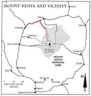 Schéma přístupových tras do Národního parku Mt. Kenya (Sirimon Route - červeně). Zdroj: Cameron M. Burns, Kilimanjaro & East Africa, A Climbing and Trekking Guide, The Mountaineers Books