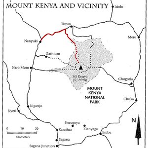 Schéma přístupových tras do Národního parku Mt. Kenya (Sirimon Route - červeně). Zdroj: Cameron M. Burns, Kilimanjaro & East Africa, A Climbing and Trekking Guide, The Mountaineers Books