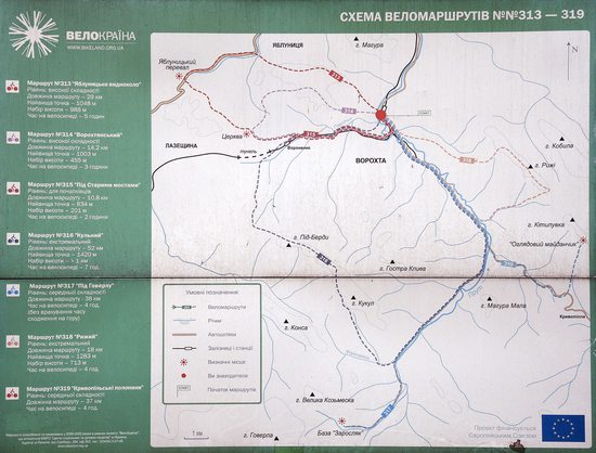 Mapa cyklistických tras v okolí obce Vorochta, Ukrajina