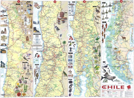Mapa Chile včetně vyznačených zajímavostí