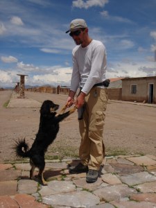 Vladimir dancing with the dog in village of Alota, Bolivia, 7. 2. 2006