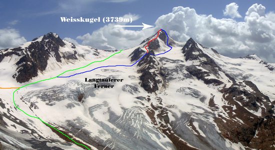 Výstupové trasy na Weisskugel (3739m).