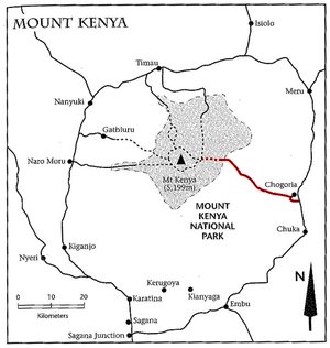 Schéma přístupových tras do Národního parku Mt. Kenya (Chogoria Route - červeně). Zdroj: Cameron M. Burns, Kilimanjaro & East Africa, A Climbing and Trekking Guide, The Mountaineers Books