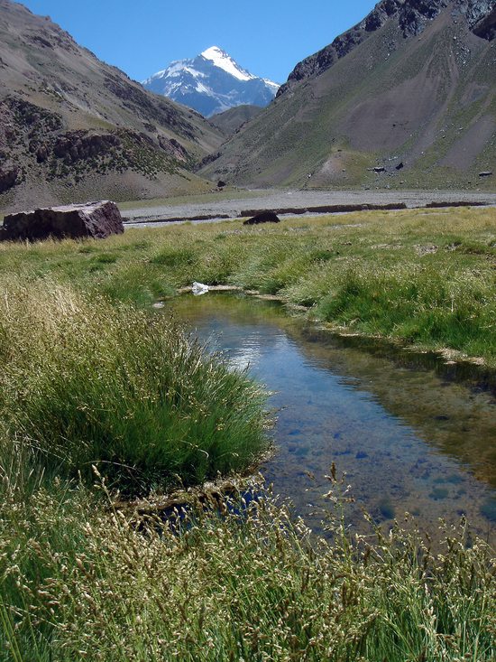 Pohled na Aconcaguu (6962m) skrze údolí řeky Relincho – kousek od druhého kempu Casa de Piedra (3200m).