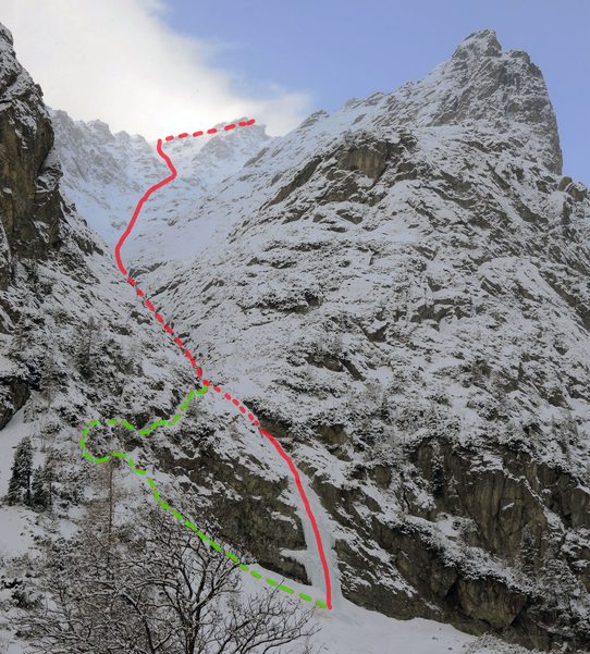 Orientační topo - zimní výstup Veverkovým žlabem na Slavkovský štít (2452m) - hlavní cesta přes ledopád červeně, alternativní trasa zeleně, Vysoké Tatry, Slovensko.