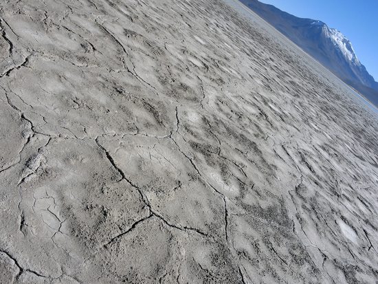 Obří plochy lepkavého prosoleného bahna a sopka Pukintica (5745), Salar de Surire, Chile