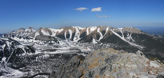 Pohled na Belianské Tatry z Veľkej Svišťovky (2037m), Vysoké Tatry, Slovensko.