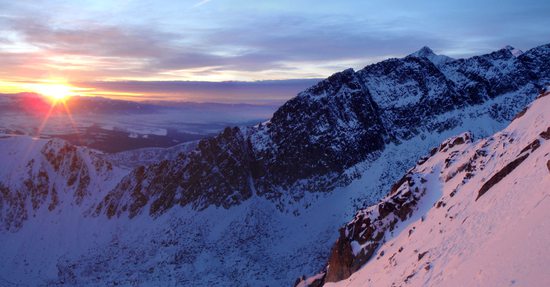 V západní stěně Solisek, někde mezi Štrbským a Furkotským Soliskem, nás zastihl západ slunce, Vysoké Tatry, Slovensko