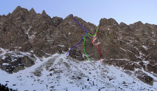 Tupá (2293m) - centrální žebro - naše cesta je vyznačena zeleně, modře je Puškášovo žebro a červeně je vyznačen žlab Samuhel - Vestenický, Vysoké Tatry, Slovensko