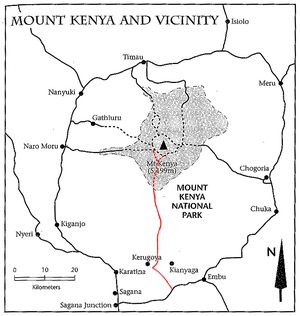 Schéma přístupových tras do Národního parku Mt. Kenya (Kamweti Route - červeně). Zdroj: Cameron M. Burns, Kilimanjaro & East Africa, A Climbing and Trekking Guide, The Mountaineers Books