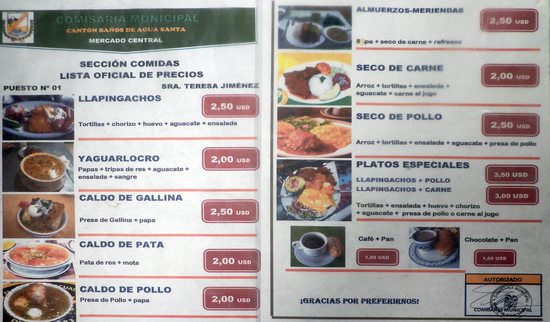 Menu v jídelní části tržnice v Baños, Ekvádor