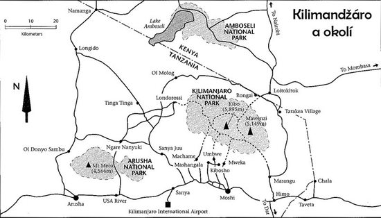 Kilimandžáro a jeho bezprostřední okolí. Orientační mapka. Zdroj: Cameron M. Burns, Kilimanjaro & East Africa, A Climbing and Trekking Guide, The Mountaineers Books