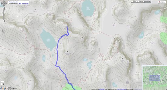 Data z GPS promítnutá na mapu - Východný Mengusovský štít (2398m), Vysoké Tatry, Slovensko.