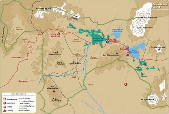 Mapa Národního parku Lauca, Chile.