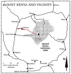 Schéma přístupových tras do Národního parku Mt. Kenya (Burguret Route - červeně). Zdroj: Cameron M. Burns, Kilimanjaro & East Africa, A Climbing and Trekking Guide, The Mountaineers Books