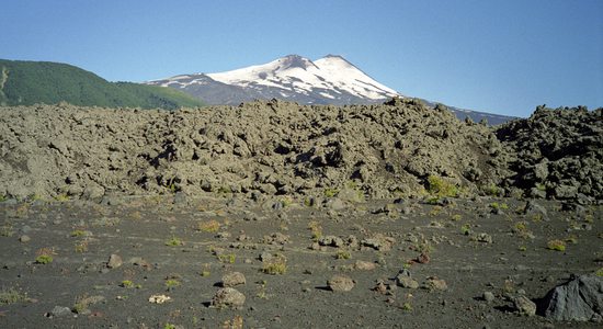 Lávové pole a pohled na sopku Llaima (3125m) od východu. Národní park Conguillío, Chile