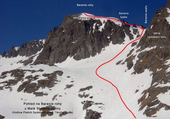 Topo výstupová trasa na Baranie rohy (2526m) při pohledu z Malé studené doliny, Kotliny Piatich Spišských plies (od Térohy chaty), Vysoké Tatry, Slovensko.
