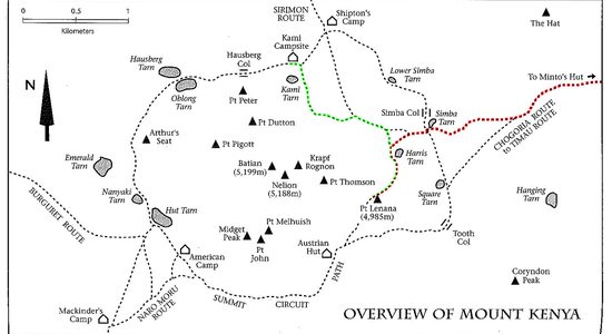 Schéma naší výstupové trasy na Point Lenana (4985m) - nahoru červená, dolů zelená. Zdroj: Cameron M. Burns, Kilimanjaro & East Africa, A Climbing and Trekking Guide, The Mountaineers Books