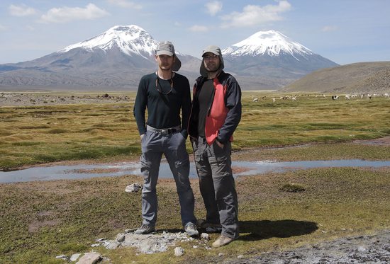 Bofedal u obce Caquena s dominantními sopkami Parinacota (6348m) a Pomerape (6282m), NP Lauca, Chile