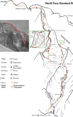 TOPO: North Face Standard Route (hlavní výstupová linie v severní stěne) na Batian