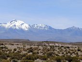 Zasněžené hřebeny And oddělující Chile a Bolívii - nalevo výrazný vrchol Cerro Cabaraya (5869m), nebo také Cibaray, Chile