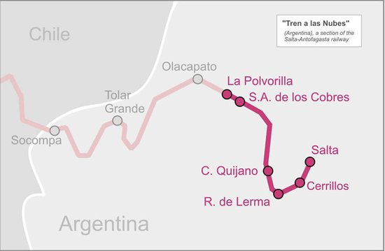 Orientační mapka trasy vlaku (červeně značena provozovaná část), Tren a las Nubes, Argentina