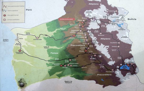 Orientační mapka vyznačující tzv. Ruta Patrimonial Precordillera y Altiplano (Circuito los Altos de Arica), Chile