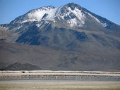 Plameňáci a mohutná sopka Arintika (5585m), Salar de Surire, Chile
