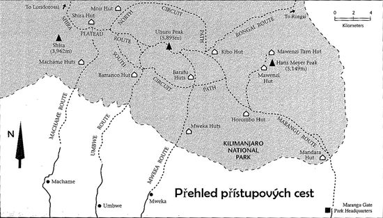 Orientační schéma přístupových tras k hlavnímu vrcholu Kilimandžára. Zdroj: Cameron M. Burns, Kilimanjaro & East Africa, A Climbing and Trekking Guide, The Mountaineers Books