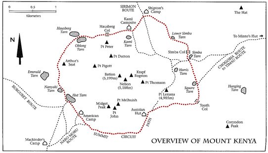 Okružní stezka kolem masivu Mt. Kenya - Summit Circuit Path (značena červeně). Zdroj: Cameron M. Burns, Kilimanjaro & East Africa, A Climbing and Trekking Guide, The Mountaineers Books
