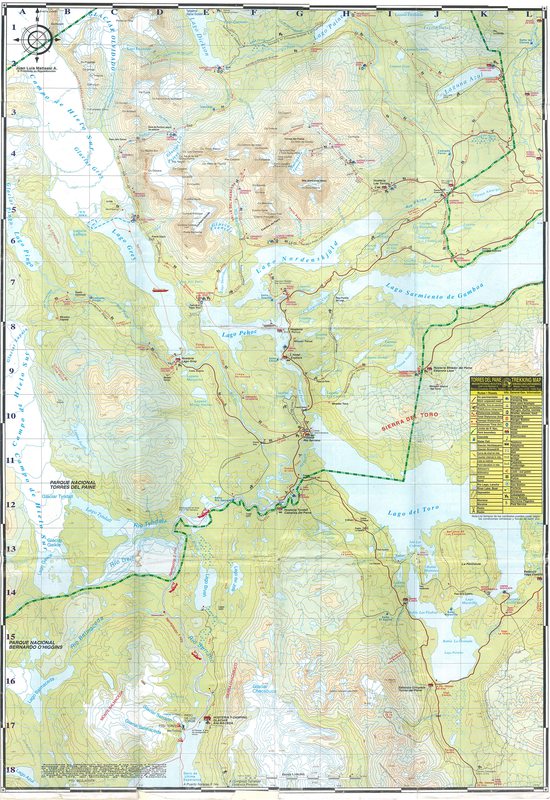 Orientační mapa Národního parku Torres del Paine, Patagonie, Chile.