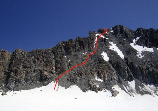 Červeně vyznačena trasa na Le Portalet západní stěnou.