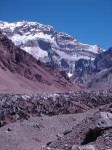 Glacier Lower Horcones, in the back south face of Aconcagua (6962m) on the way to Plaza Francia (4100m), Argentina, 16. 1. 2006