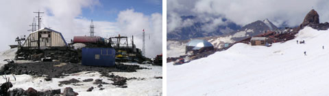 Vlevo pohled na stanici Garabaši (3750m) a vpravo opravná bouda na Prijutu 11 (4100m), Rusko, 22. července 2009.