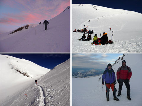 Zleva nahore - svítání na traverzu (5200m), sedlo (5300m) s viditelnou cestou na západní vrchol Elbrusu. Zleva dole - úplná rovinka mezi oběma vrcholy, Pavel s Láďou v sedle (5300m), Rusko, 24. července 2009.