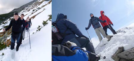 Vlevo: Tomáš následován Leošem razí cestu sněhem po tatranské magistrále. Vpravo: Hřebínek západních Tater, Soldis a Leoš na jednom z vrcholků mezi Baníkovem a Prislopem.
