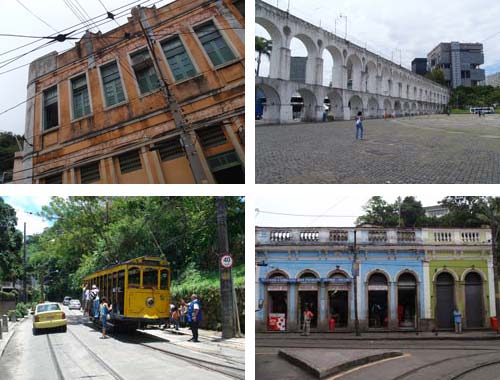 Čtvrť Santa Teresa, včetně typického žlutého vláčku, který přejíždí i po bílém viaduktu Arcos da Lapa, Rio de Janeiro, Brazílie.