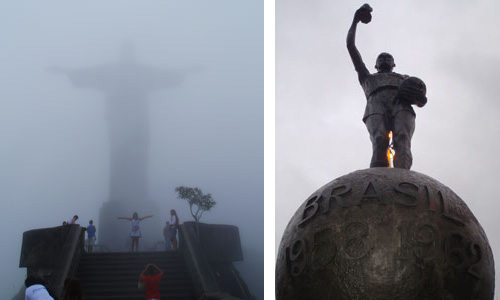 Socha Krista Vykupitele (Cristo Redendor) na vrcholu kopce Hrbáč (Corcovado - 710m). Socha fotbalisty před stadionem Maracana. Rio de Janeiro, Brazílie.
